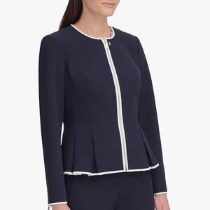 Tommy Hilfiger Peplum Zip-Front Jacket Collarless Blazer White Trim Gold Details